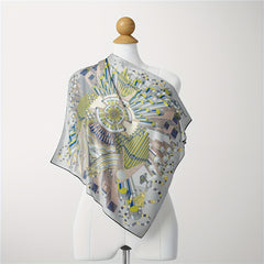 Boho Geometric Print Bandana Vintage Gray Silk Head Wrap Neckerchief