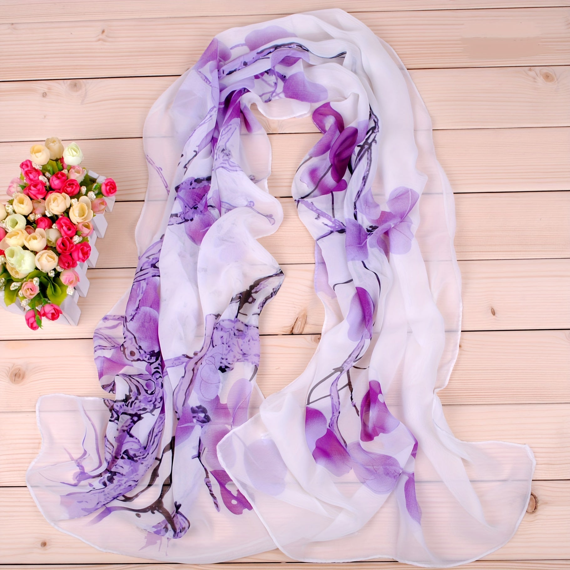 Thin Chiffon Scarf Branch Tree Print Shawl Sunscreen Windproof Head Wrap
