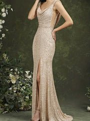 Cowl Neck Backless Split Dress for Wedding Party