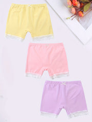 3pcs Girl's Cotton Boyshorts Lace Trim Elastic Waist Shorts