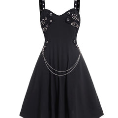 Solid Chain Dress Gothic Vintage V Neck Suspender Dress