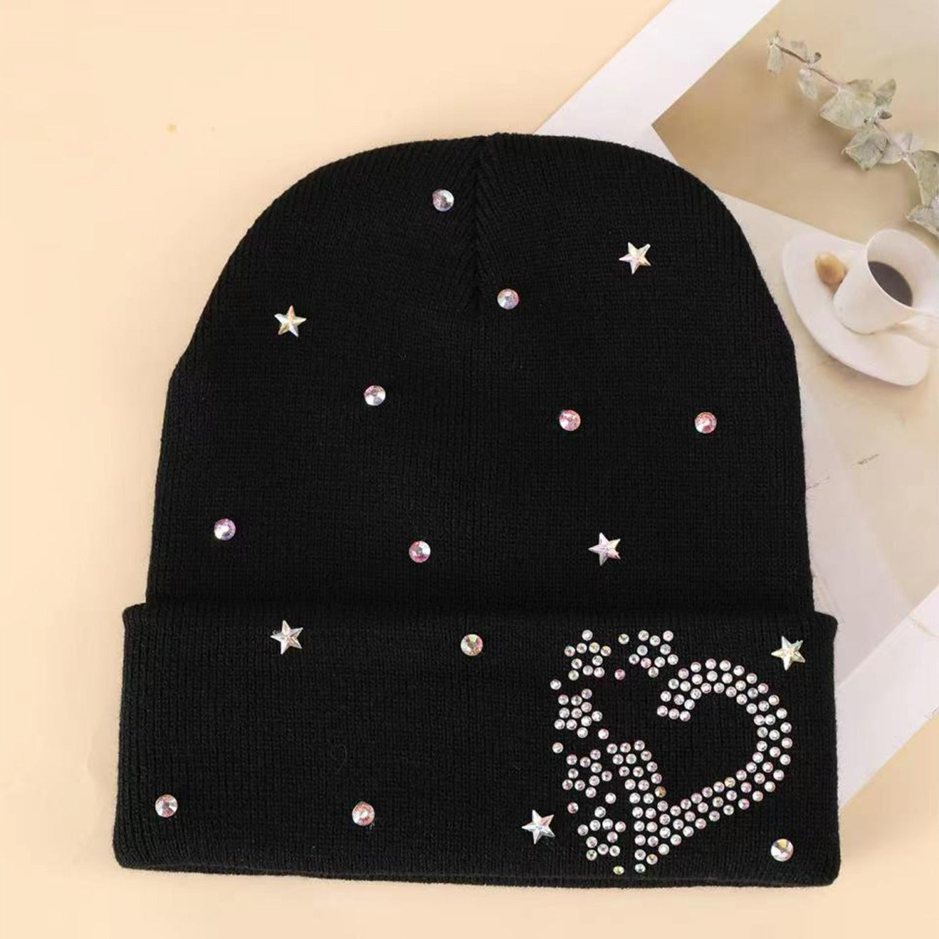 Heart Rhinestone Beanie Hat Winter Soft Knit Warm Skull Cap