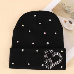 Heart Rhinestone Beanie Hat Winter Soft Knit Warm Skull Cap