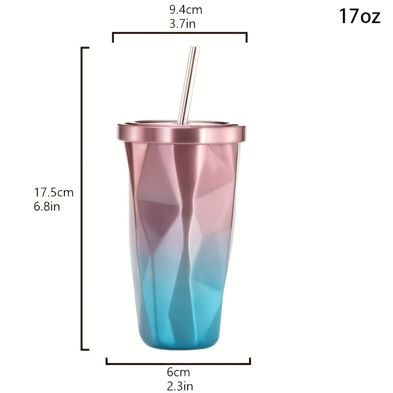 500ml Gradient Straw Water Cup Stainless Steel Bottle Outdoor Sports Fitness