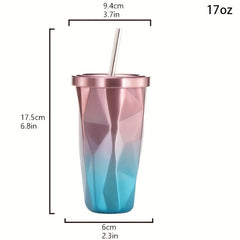 500ml Gradient Straw Water Cup Stainless Steel Bottle Outdoor Sports Fitness