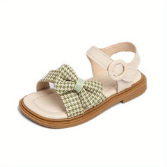 Toddler Girls Houndstooth Bowknot Strap Sandals Soft Sole Anti-skid Flat Shoes