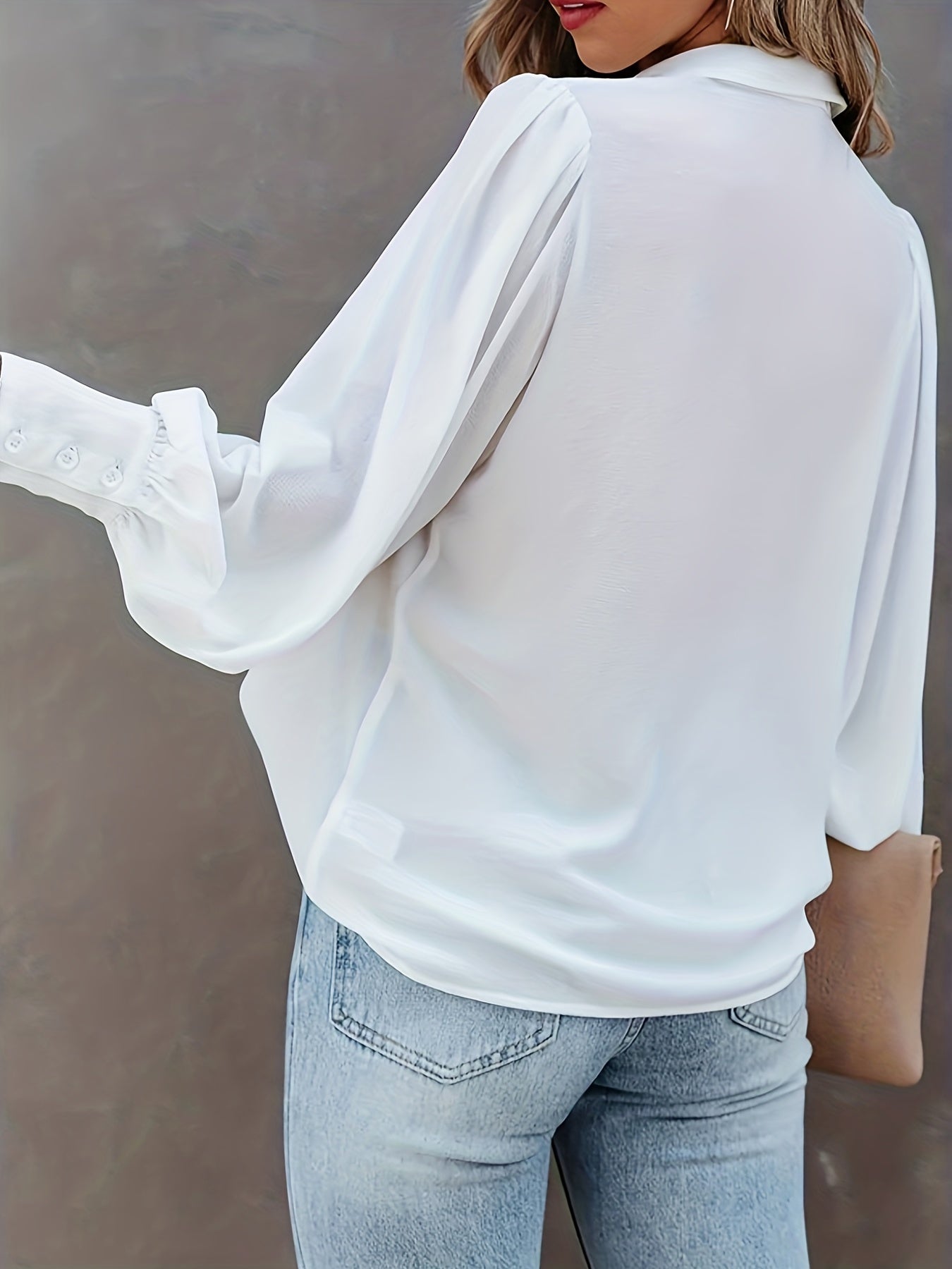 Solid Button Up Lantern Sleeve Blouse