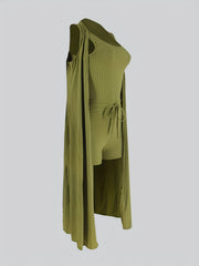 Casual 3pc Set: Sleeveless Coat, Cami Top & Drawstring Shorts