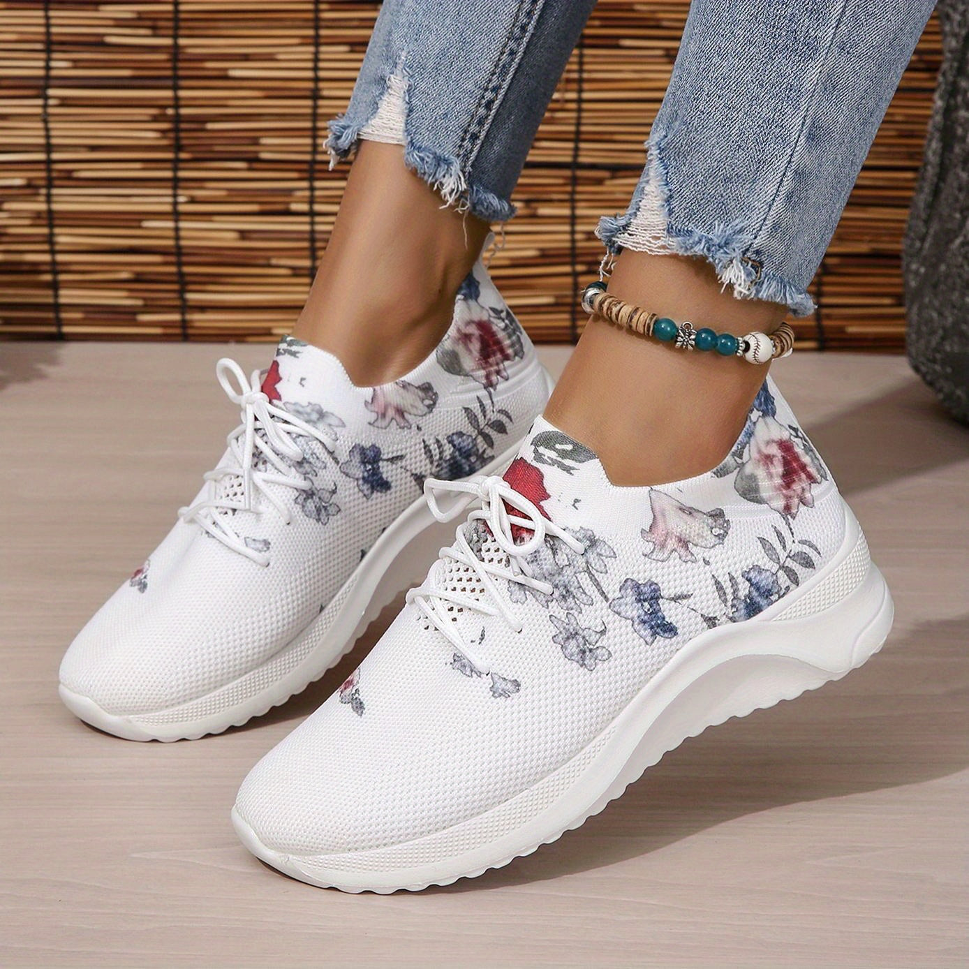Women's Flower Pattern Platform Sneakers Lace Up Casual Outdoor Shoes