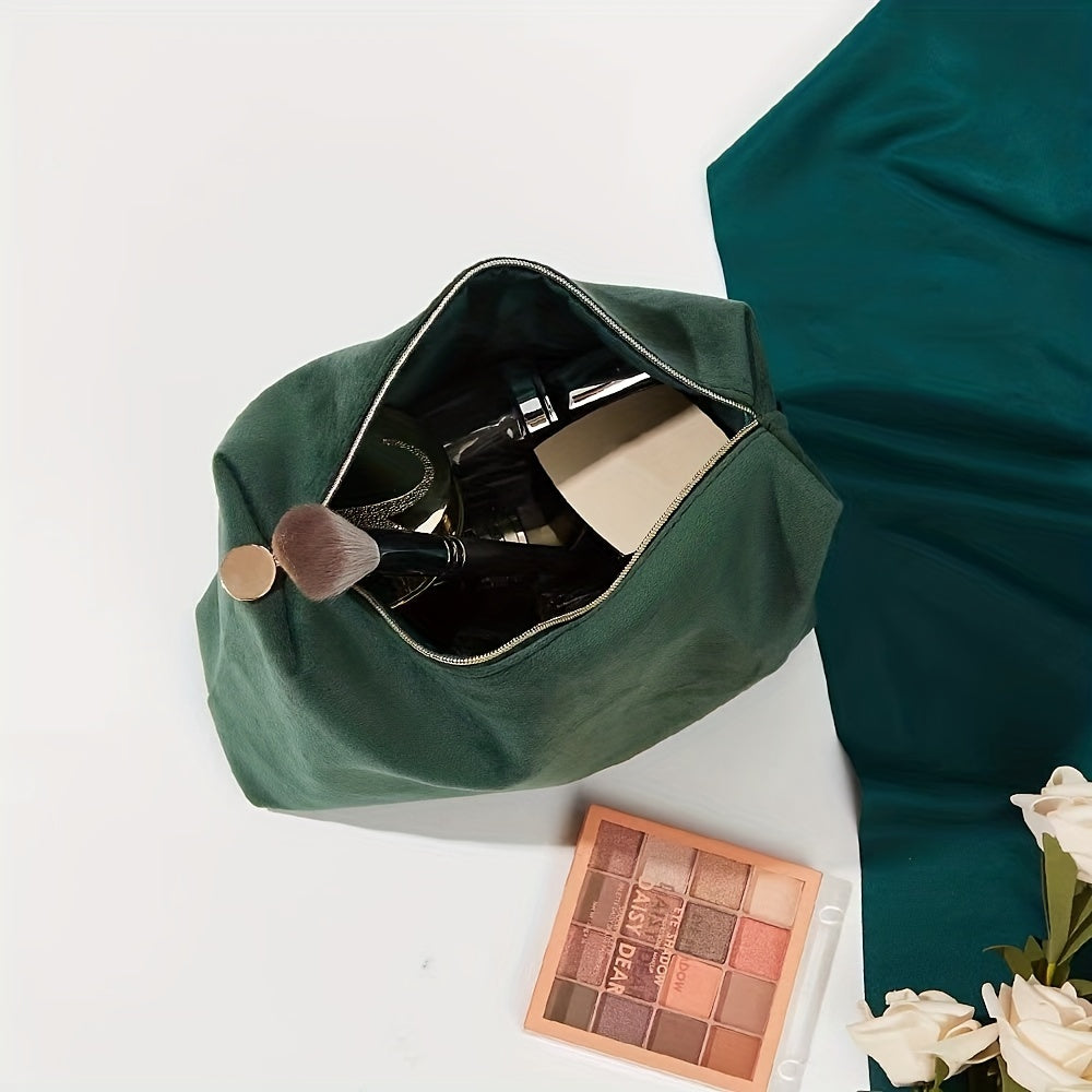Green Square Makeup Bag Roomy Velvet Zipper Cosmetic Pouch
