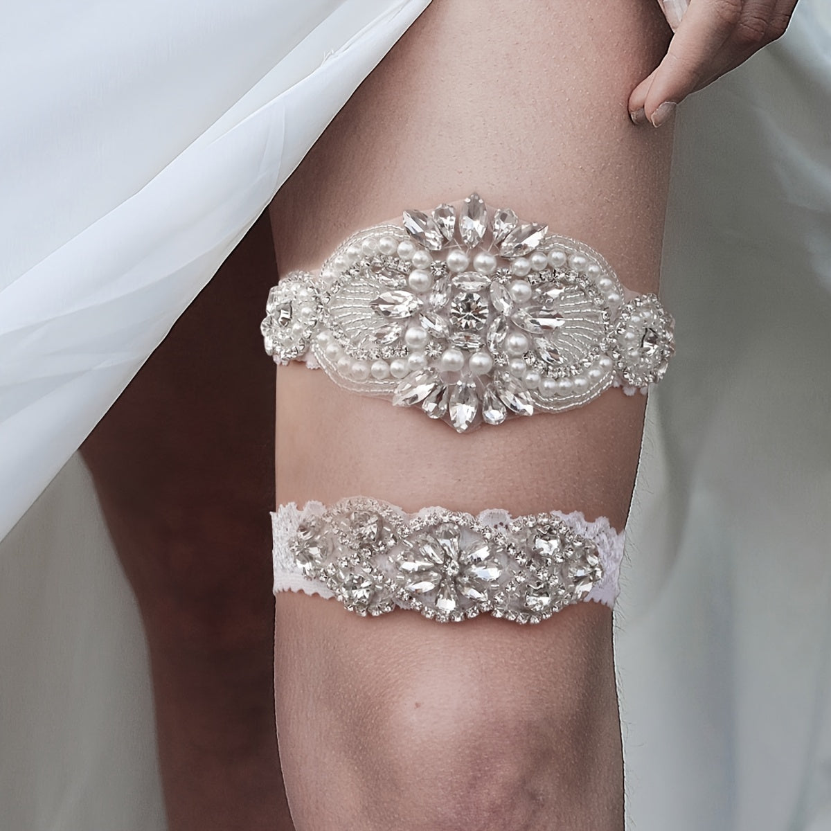 Lace Bridal Garter Set Clear Rhinestones Crystal Faux Pearl 2pcs