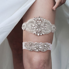 Lace Bridal Garter Set Clear Rhinestones Crystal Faux Pearl 2pcs