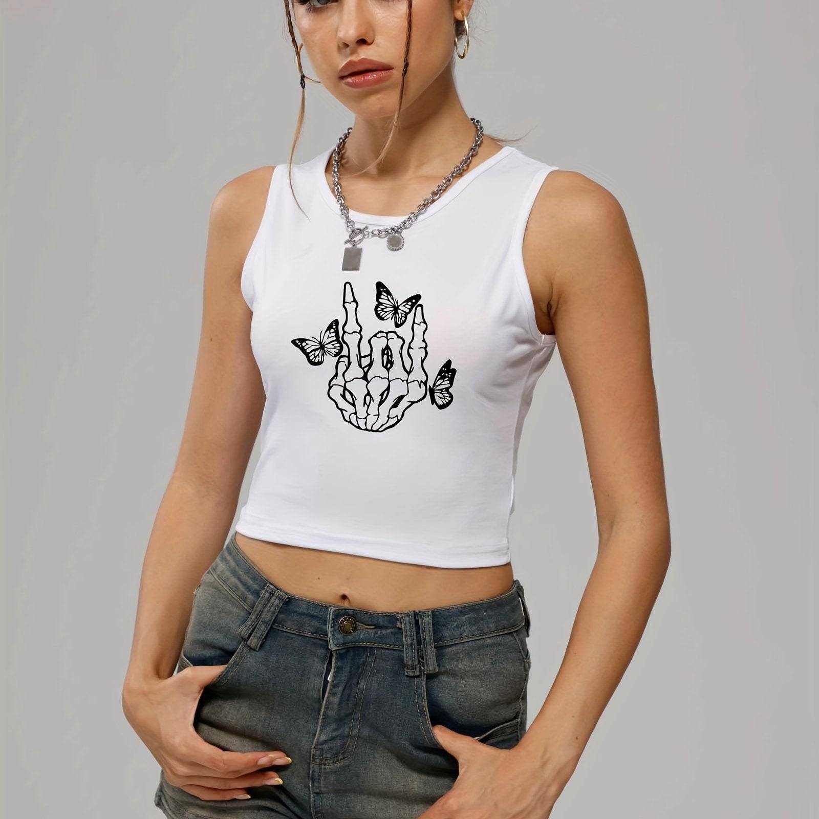 Skeleton Hand & Butterfly Tank Top