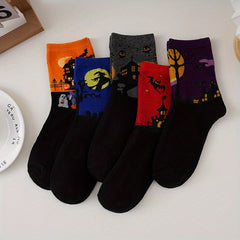 5 Pairs Bat Pattern Socks Funny Halloween Mid Tube Women's Stockings