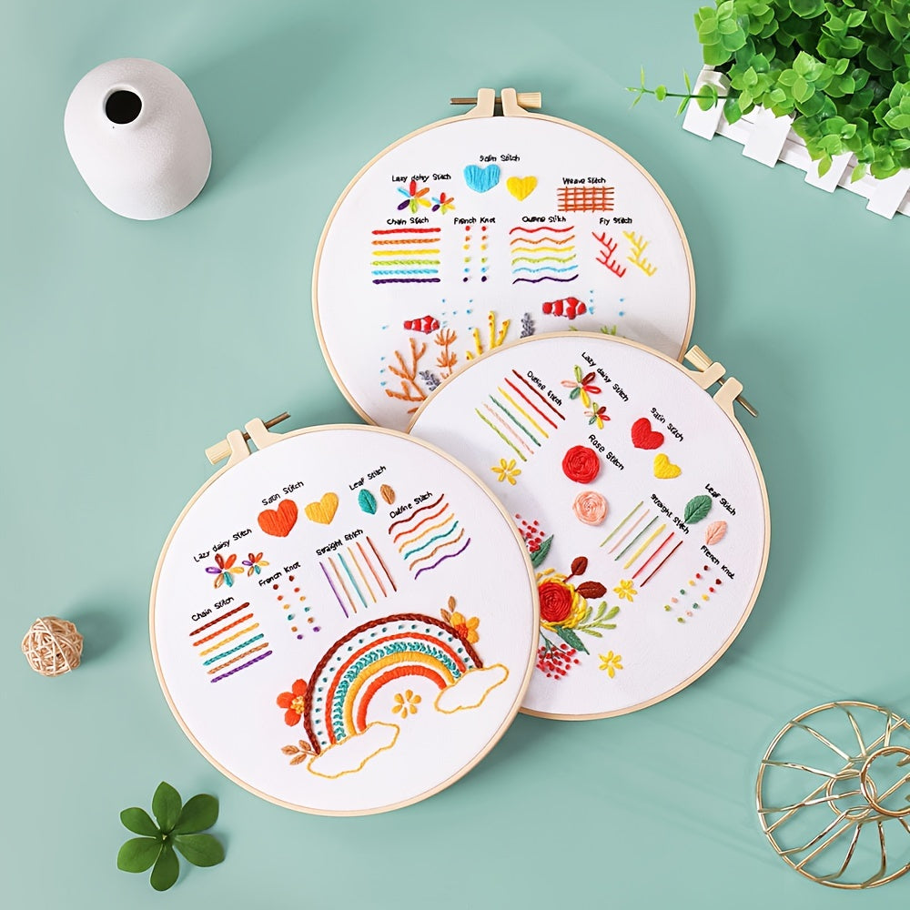 3pcs Embroidery Kit Flower Pattern Material Package 1 Embroidery Hoop 20cm