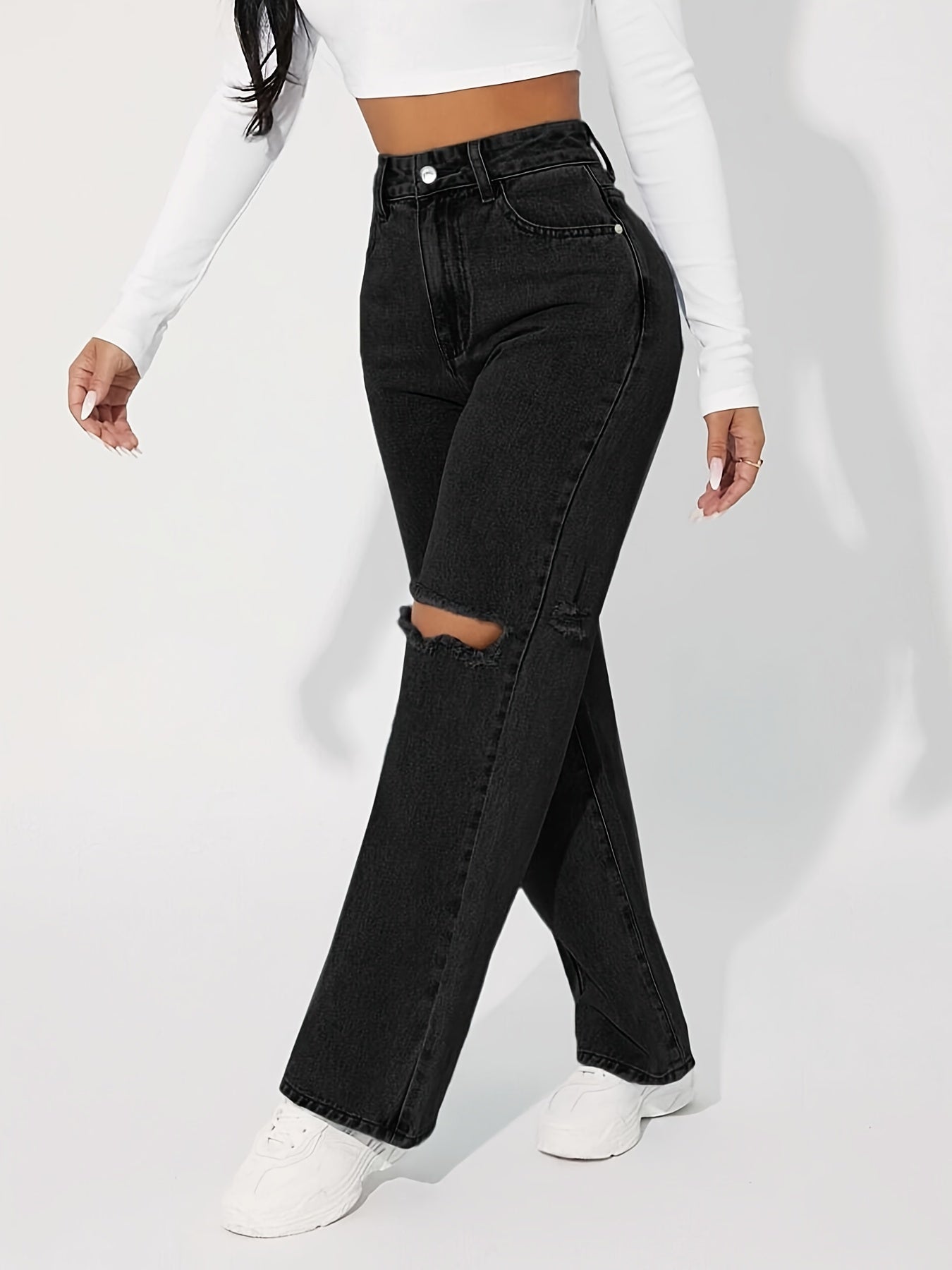 High Rise Ripped Knee Boyfriend Jeans