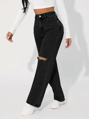 High Rise Ripped Knee Boyfriend Jeans
