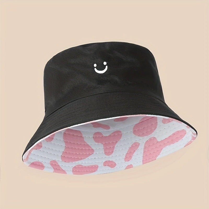 Cow Pattern Reversible Bucket Hat Smiling Face Embroidery Basin Hat