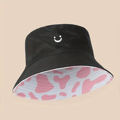 Cow Pattern Reversible Bucket Hat Smiling Face Embroidery Basin Hat