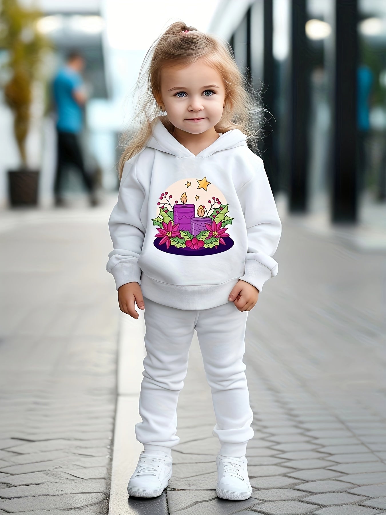 Girls 2pc Cartoon Candles Pattern Hooded Sweatshirt and Sweatpants Set