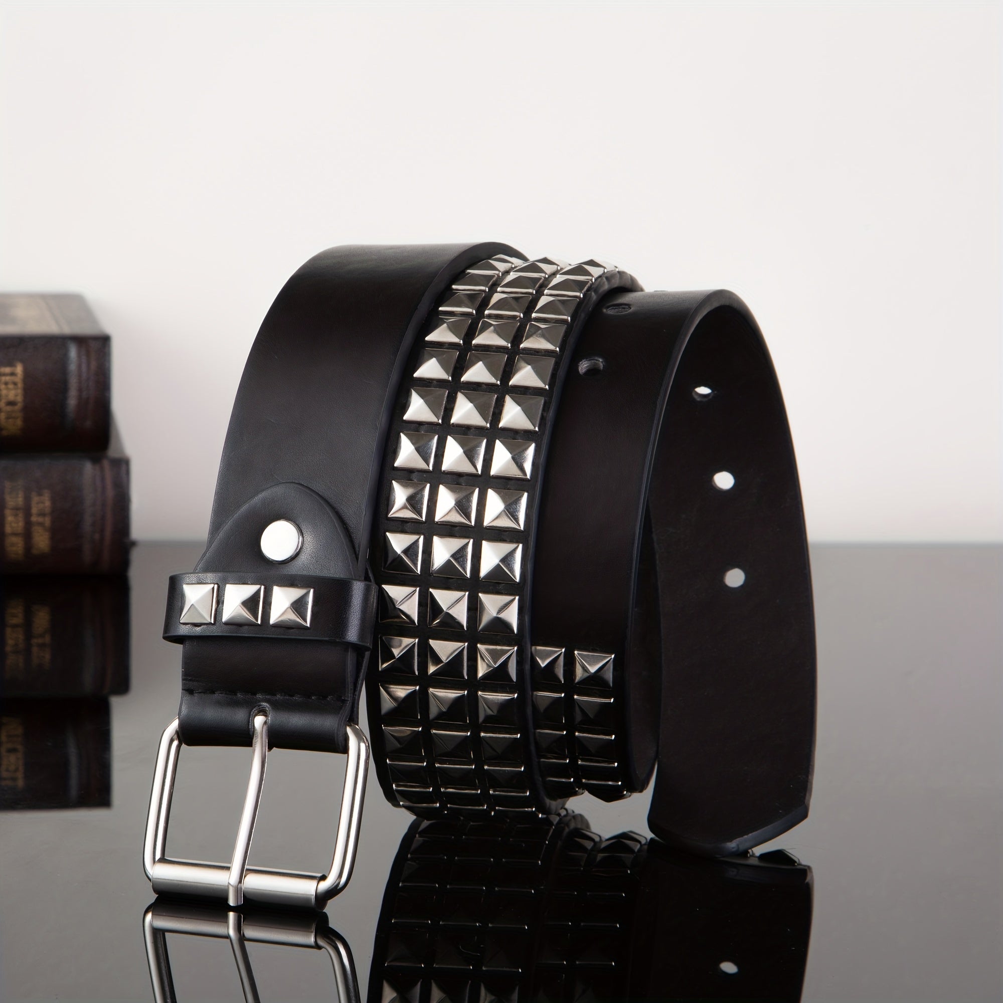 Punk Leather Belt with Four Square Beads Rivet Belt