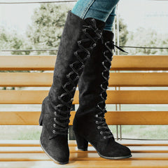 Women's Chunky Heeled Long Boots Lace Up Knee High Boots