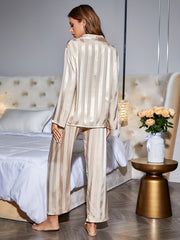 Striped Satin Pajama Set Long Sleeve Top & Pants Women's Sleepwear