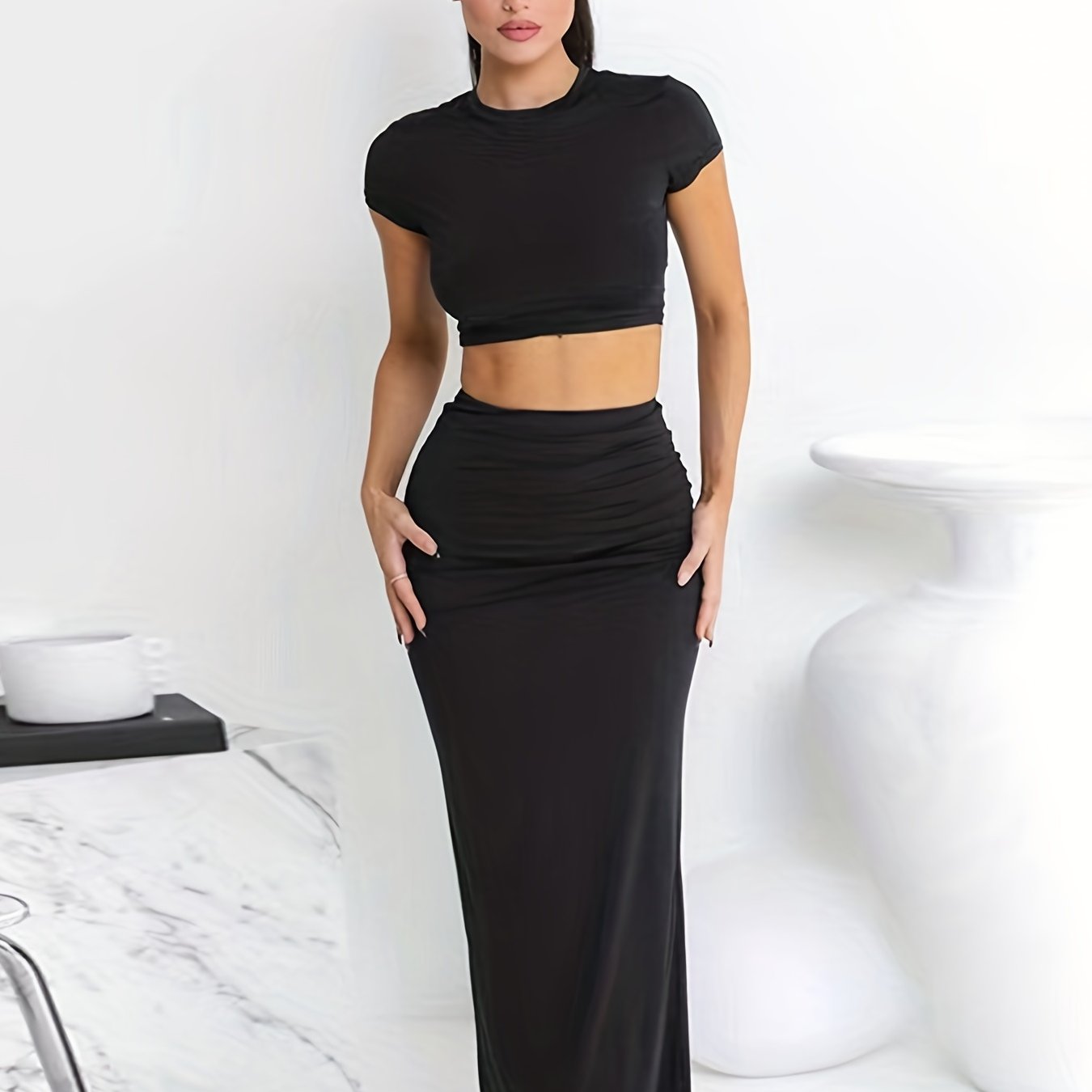 Solid Slim Two piece Skirt Set Short Sleeve Skinny Crop Tee & High Waist Skirt