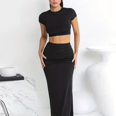 Solid Slim Two piece Skirt Set Short Sleeve Skinny Crop Tee & High Waist Skirt