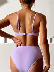 Purple V Neck Bikini Set Backless High Waisted Two Piece Swimsuit Women's Swimwe