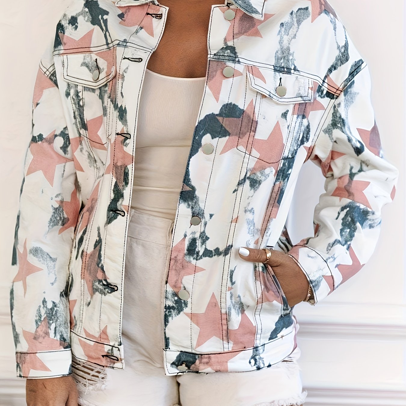 Women's Plus Star Print Denim Jacket