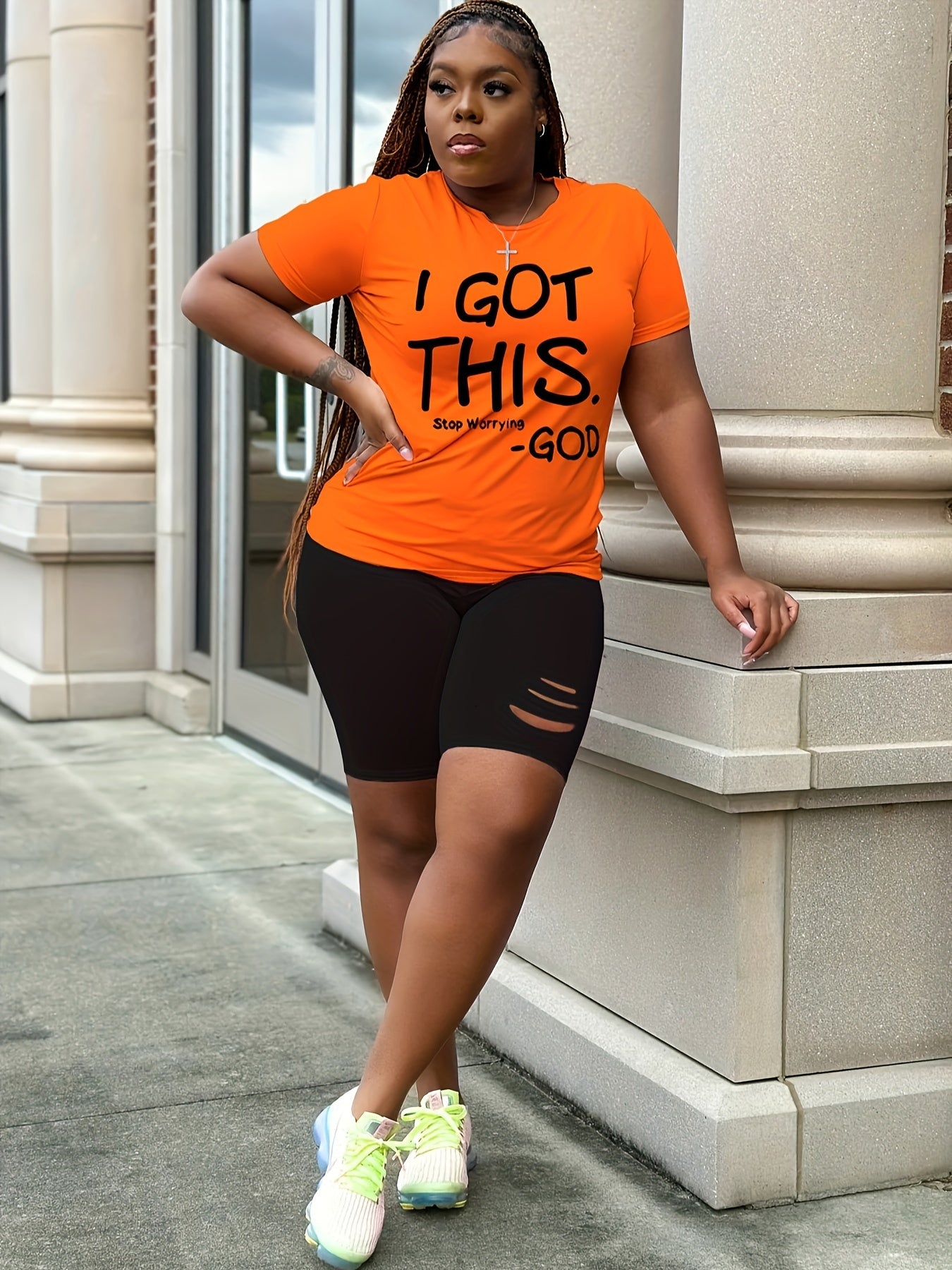 Slogan Print Top & Cut Out Shorts Set