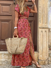 Boho Paisley Print V Neck Belted Dress