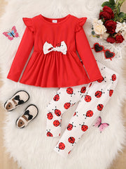 Baby Girl Winter Outfit Flutter Sleeve Splicing Bowknot Skirt Top & Pants Set