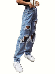 Distressed Ripped Hole Denim Pants Women's Loose Fit Straight Jeans