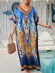 Boho Kaftan Dress Leopard Print V Neck Maxi Beachwear Dress