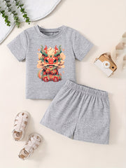 Toddler Kid Lucky Dragon Pattern T-shirt & Shorts Summer Set