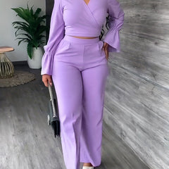 Surplice Neck Long Sleeve Top & High Waist Wide Leg Pants Set