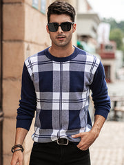 Men's Plaid Crew Neck Sweater Classic Long Sleeve Pullover