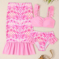 3pcs Girls Gradient Fish Scale Swimsuit Set Kids Summer Clothes