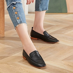 Women's Solid Flat Loafers Retro Leather Slip On Shoes Comfortable Walking Shoes