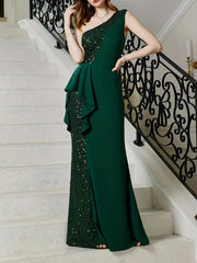Plus Glitter Sequin One Shoulder Ruffle Trim Wedding Party Dress