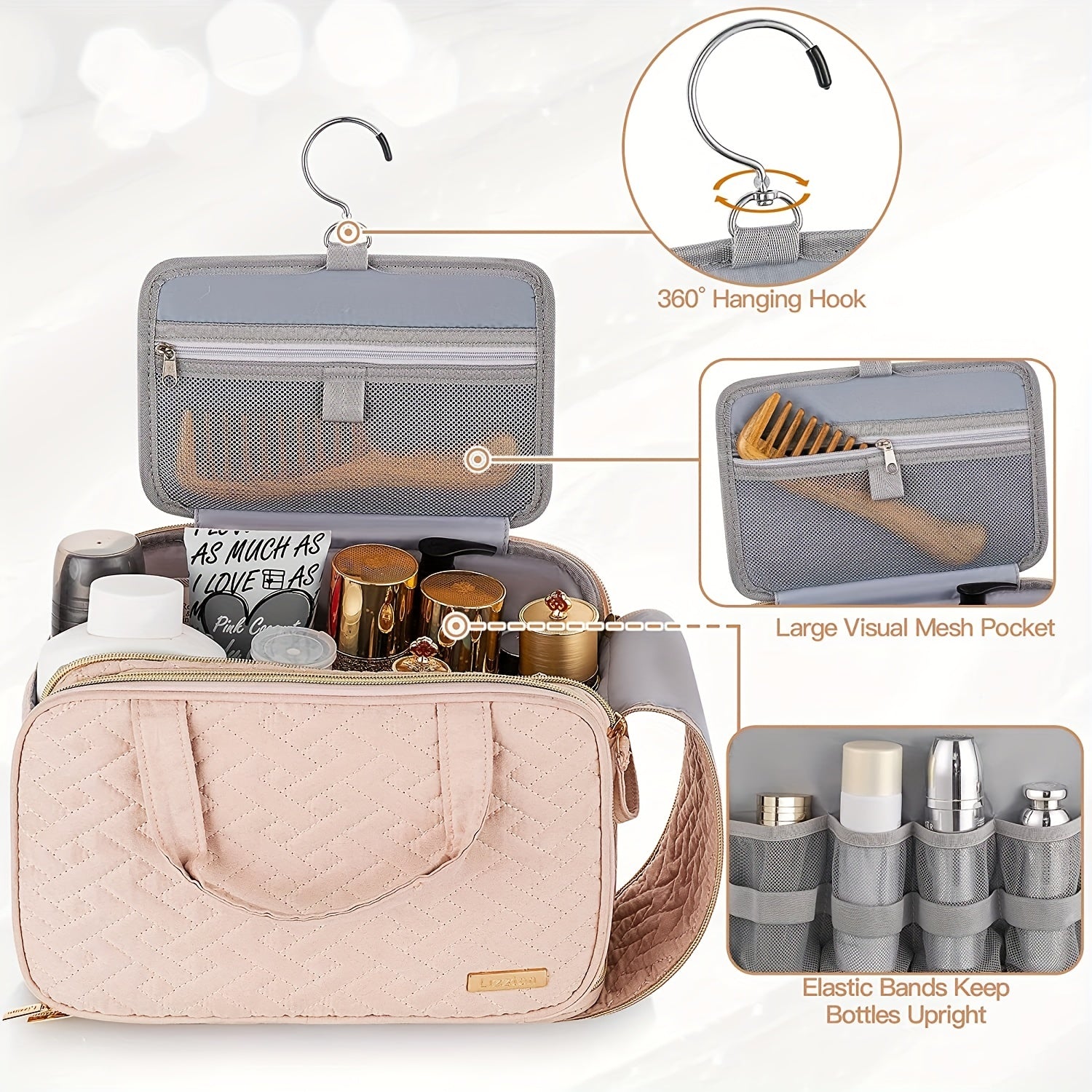 Large Capacity Toiletry Bag Portable Cosmetic Organizer Pink