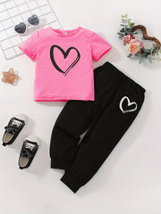 Girls Heart Print Short Sleeve T shirt & Sweatpants Set