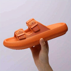 Women's Double Buckle Strap Slides Ultra Soft PVC Pillow Slides