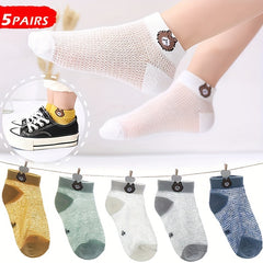 5 Pairs Boys Bear Print Short Socks Cotton Mesh Breathable Ankle Socks