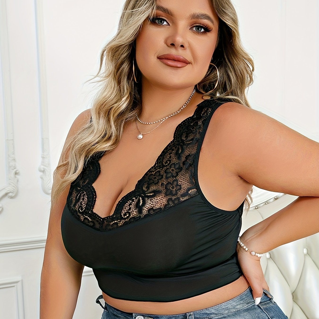 Sexy Plus Size Lace Trim Bra Wide Straps Skin Friendly