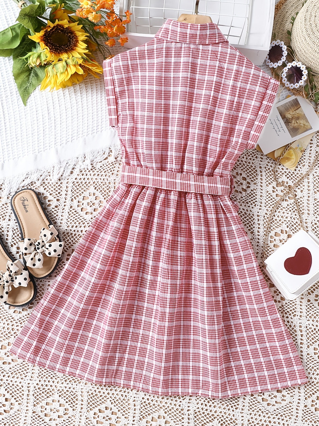 Girls Plaid Button Down Dress with Belt