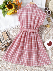 Girls Plaid Button Down Dress with Belt