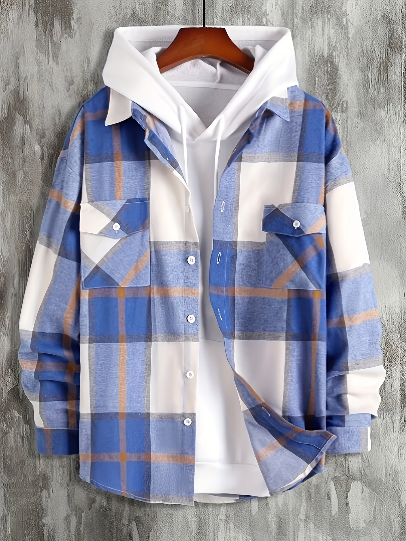Plaid Button Up Hooded Shirt for Men
